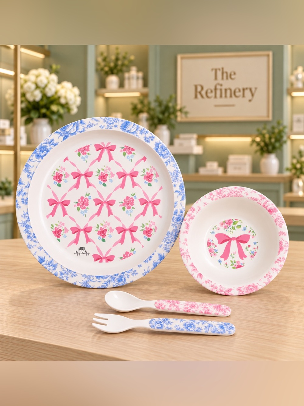 Itzy Ritzy bistro Pink & Blue Floral Bow Kids Dinnerware Set NWT